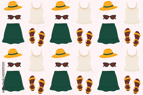 Pattern with summer items including tank top, skirt, sandals, hat and sunglasses