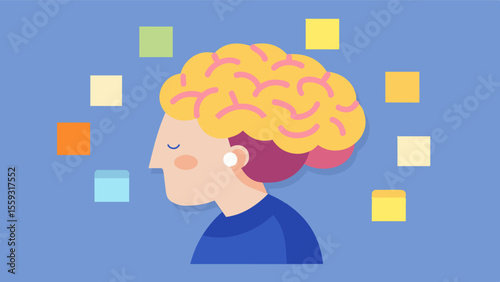 An illustration of an elderly persons brain with postit notes representing different brain exercises and activities to improve cognitive function.. Vector illustration