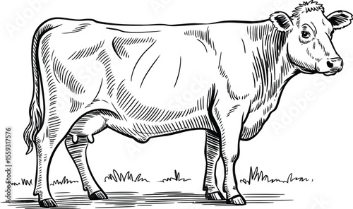 A detailed black and white drawing of a cow standing in a field of short grass