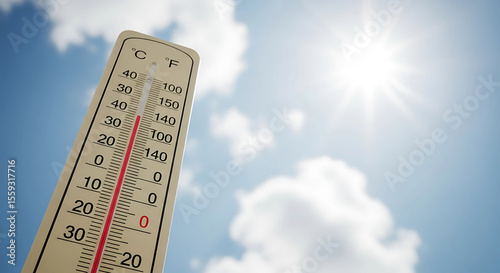 A thermometer displays a high temperature reading against a bright, sunny sky with fluffy clouds, indicating extreme heat and summer weather