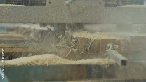 Saw Equipment Cuts Wood On Planks Production Line In Workshop. Modern Saw Equipment. Wood Sawing Process. Equipment For Wooden Planks Manufacturing. Timber Processing. Woodworking Industry