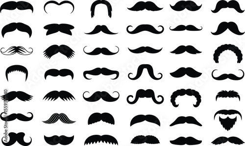 A collection of various black mustache and beard silhouettes on a white background