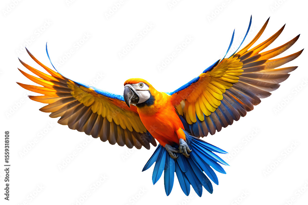 Fototapeta premium Majestic Scarlet Macaw in Flight Vibrant Colors, Wingspan, Tropical Bird