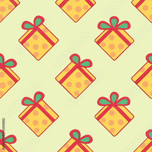 Bright seamless pattern with wrapped presents and bow for festive occasions. Bright seamless pattern presents adorable gift boxes tied with bows on pastel background.