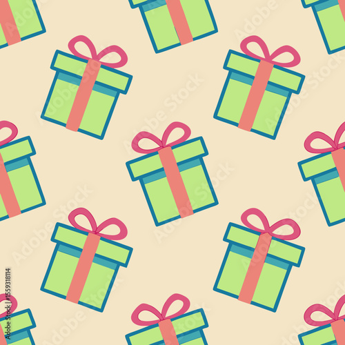 Bright seamless pattern with wrapped presents and bow displayed across beige backdrop. Bright seamless pattern with wrapped presents presents festive and joyful concept,