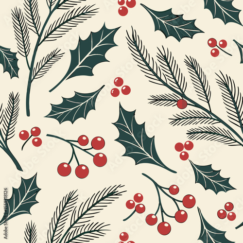 Classic seamless Christmas pattern with holly leaves and berries on light background. Classic seamless Christmas pattern creates festive,