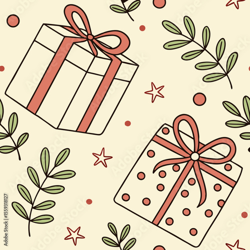 Bright seamless pattern with wrapped presents and bow for festive designs, creating a joyful background. Bright seamless pattern with wrapped presents and bow makes eye-catching,