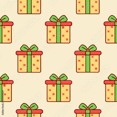 Bright seamless pattern with wrapped presents and bow, cheerful pattern featuring festive gifts, perfect for wrapping paper and holiday backgrounds.