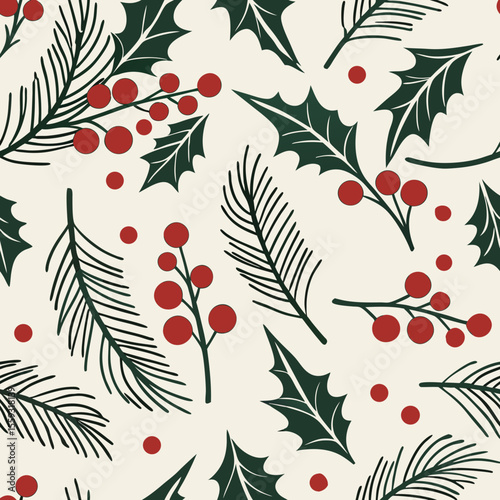 Classic seamless Christmas pattern with holly leaves and berries for festive designs. Classic seamless Christmas pattern presents delicate holly branches and red berries scattered on cream background.