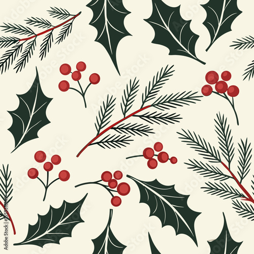 Classic seamless Christmas pattern with holly leaves and red berries on beige background. Classic seamless Christmas pattern brings festive, elegant design for gift wrapping, textile printing,
