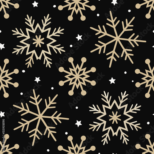 Elegant seamless Christmas pattern with golden snowflakes against black backdrop creates festive holiday mood. Elegant seamless Christmas pattern shows golden snowflakes and small white stars.