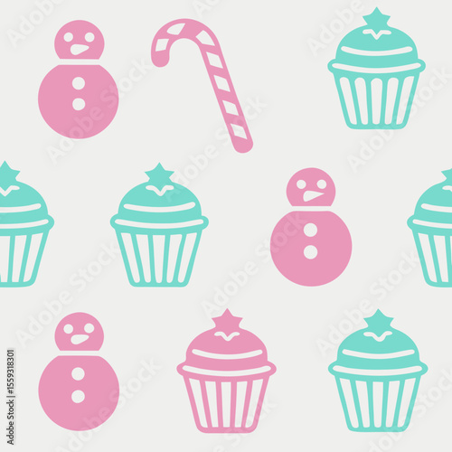 Festive pastel Christmas pattern with cupcakes and candy cane, creating holiday cheer. Pastel Christmas pattern shows cute snowmen, candy canes, and sweet frosted cupcakes,