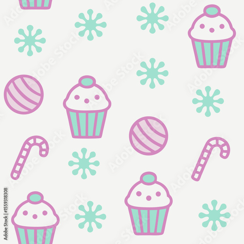 Pastel Christmas pattern with cupcakes and candy cane on seamless, festive repeat. Delicate pastel Christmas pattern displays cupcakes and candy cane motifs, with snowflakes in a soft color palette.