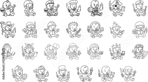 Tiny Tot Professions: A compilation of adorably illustrated cartoon babies embodies diverse professional roles, captured in a playful, graphic design.