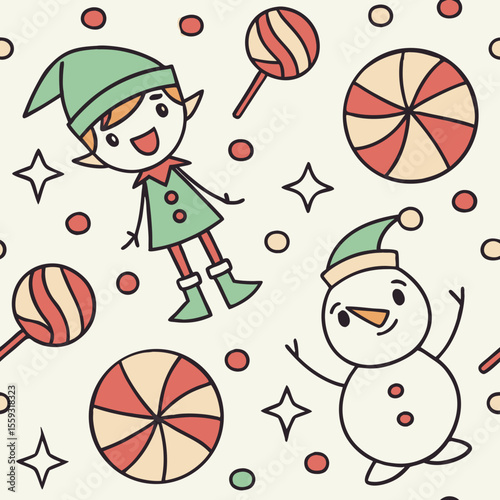 Playful Christmas pattern features cheerful elves, snowmen, and candies in festive colors. This playful Christmas pattern brings holiday cheer with adorable characters and sweet treats.