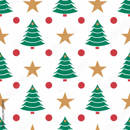 Repeating festive pattern with Christmas trees and stars, festive repeating pattern on white background. Repeating festive pattern includes golden stars, green Christmas trees, and red dots.