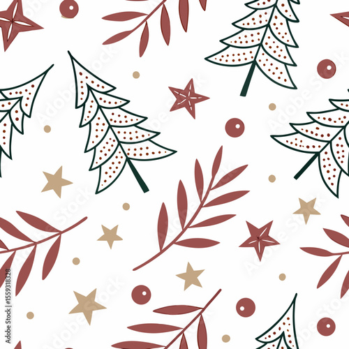Repeating festive pattern with christmas trees for backgrounds and celebratory designs. Repeating festive pattern shows stars and christmas trees, a charming festive design,