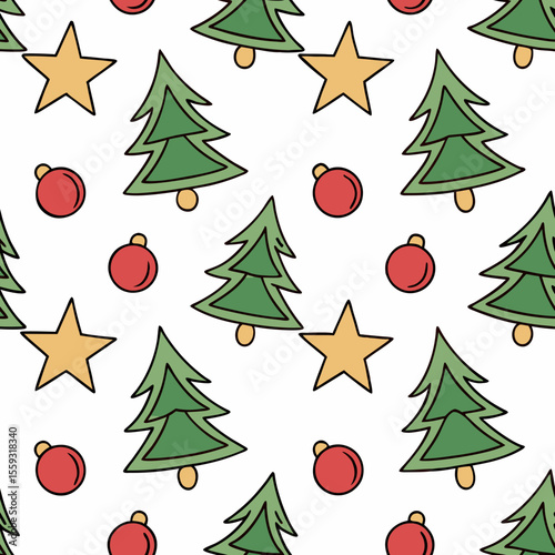 Repeating festive pattern with Christmas trees, stars, and ornaments on white backdrop. Repeating festive pattern shows traditional holiday symbols arranged for cheerful celebration.