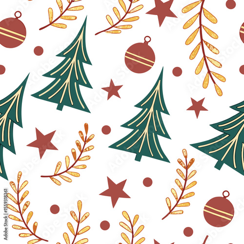 Repeating festive pattern with Christmas trees and gold branches on white background. Repeating festive pattern showcases stars and baubles among pine trees, for cheerful holiday spirit.