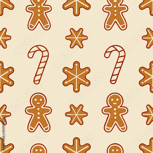 Seamless Christmas pattern with gingerbread cookie shapes and holiday candy canes, a festive repeating design. Seamless Christmas pattern featuring gingerbread man cookies and star cookies,