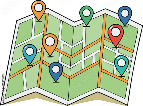Folded city map with colorful location pins and route lines navigation and direction concept vector illustration