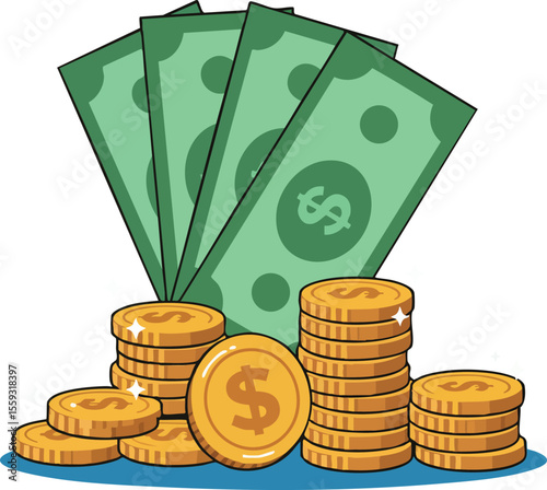 Money with coins and banknotes stack representing cash wealth and financial savings vector illustration