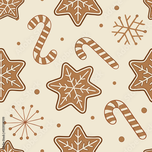 Festive seamless christmas pattern with gingerbread cookie elements on beige backdrop. This cheerful seamless christmas pattern contains gingerbread cookies, candy canes, and snowflakes,