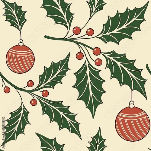 Vintage Christmas seamless pattern with holly and mistletoe, ideal for festive designs, backgrounds, and creative projects. Vintage Christmas seamless pattern repeats holly leaves and red berries,