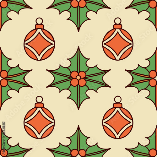Vintage Christmas seamless pattern with holly and mistletoe, featuring classic orange ornaments on beige background.