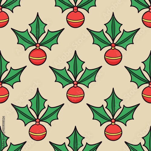 Vintage Christmas seamless pattern with holly and mistletoe for design projects. This vintage Christmas seamless pattern features holiday decorations, including green holly leaves and berries,