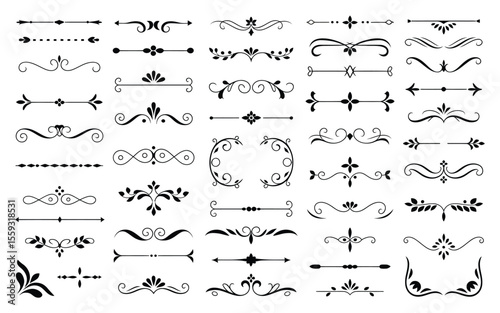 Collection of black decorative dividers and design elements on a white background