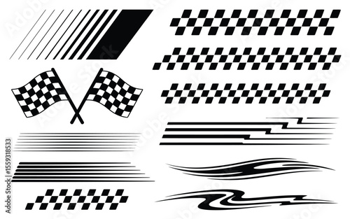 A collection of racing themed design elements including flags and decorative stripes