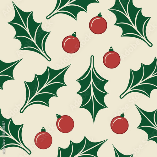 Vintage Christmas seamless pattern with holly and ornaments on beige background. Vintage Christmas seamless pattern shows red baubles and evergreen leaves for retro look.
