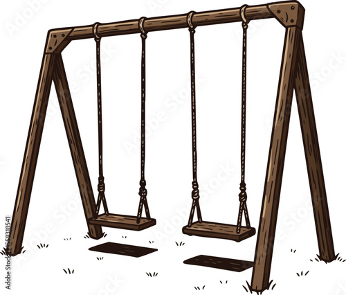 Wooden swing set with two seats hanging in outdoor playground vector illustration of classic playground equipment