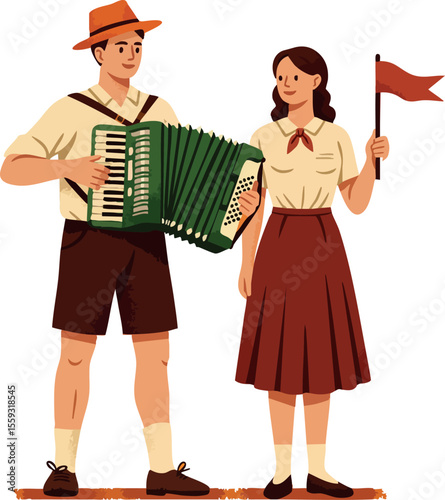 Man playing accordion and woman holding flag in traditional folk costume vector illustration of cultural celebration and music