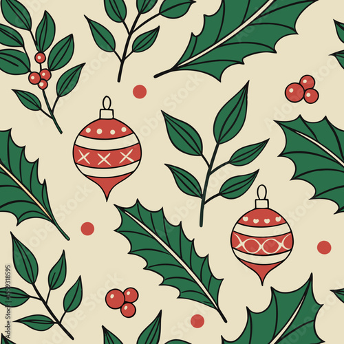 Vintage Christmas seamless pattern with holly and mistletoe evokes holiday cheer, featuring classic ornaments and festive foliage against a cream backdrop.