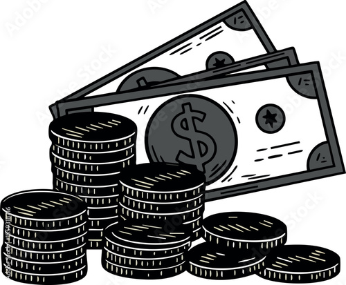 Stacks of coins and paper money with dollar sign vector illustration of currency and finance concepts