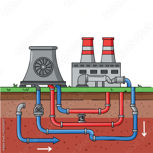 Industrial power plant with underground pipeline system and cooling tower detailed vector illustration for engineering and energy sectors