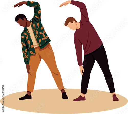 Two men stretching exercise side bend pose casual clothes fitness warm up vector illustration