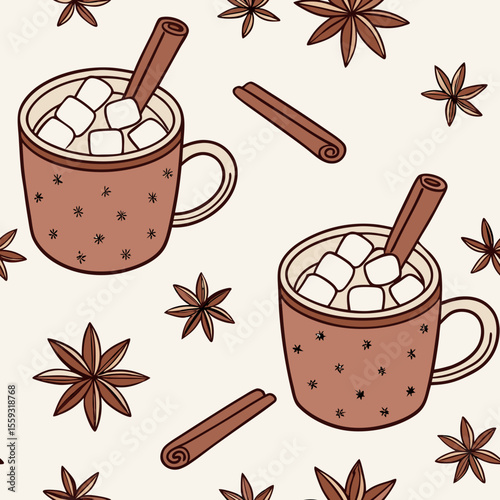 Winter mugs seamless pattern with spice elements. Watercolor-seamless-pattern-with-cozy-winter-mugs shows star anise and cinnamon sticks. Pattern includes cozy winter mugs.