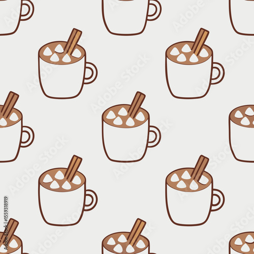 Watercolor seamless pattern with cozy winter mugs filled with warm drinks. Watercolor seamless pattern with cozy mugs of cocoa, marshmallows and cinnamon sticks, evokes snug wintertime feelings.