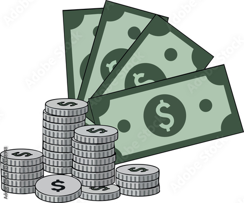 Money illustration with coins and banknotes representing currency and financial concepts vector graphic
