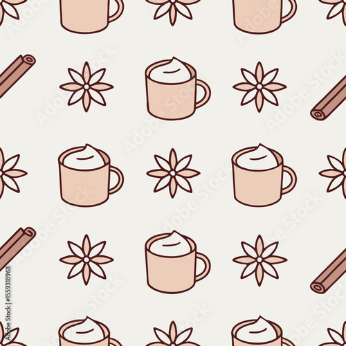 Cozy winter mugs in watercolor seamless pattern, with cinnamon sticks and star anise arranged in orderly lines. Cozy winter mugs with whipped cream, and winter spices make cheerful pattern.