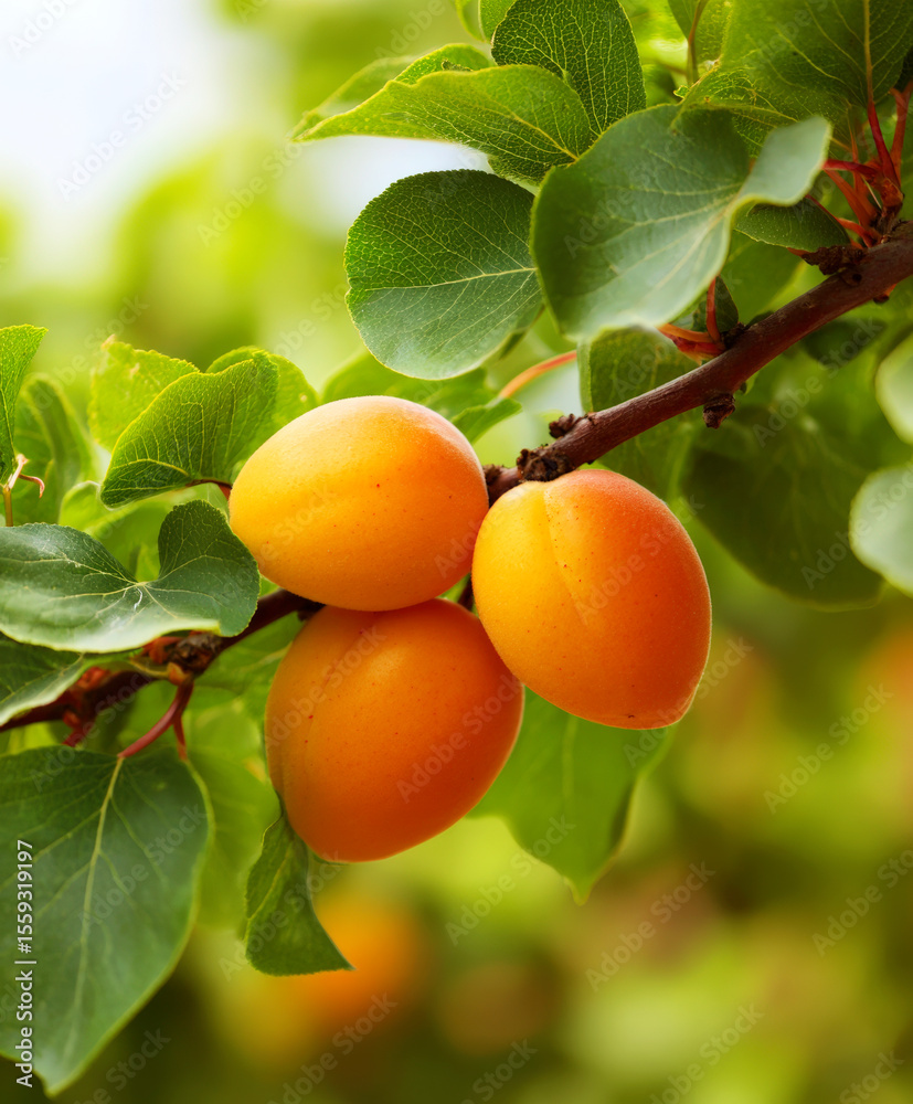 Fresh Apricots Hanging on Branch with Lush Green Leaves Fresh Apricots Hanging on Branch with Lush Green Leaves