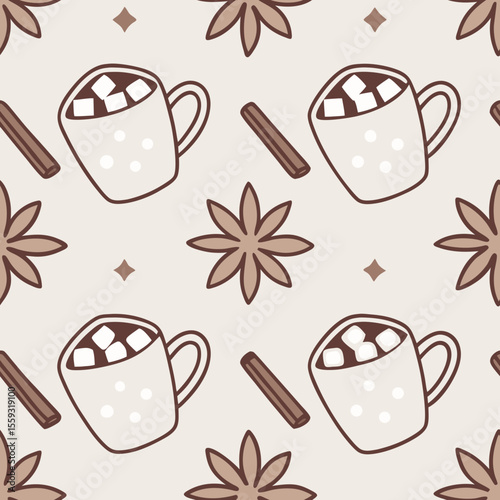 Watercolor seamless pattern with cozy winter mugs, design displaying anise stars, cinnamon sticks and mugs. Watercolor seamless pattern with cozy winter mugs evokes holidays,