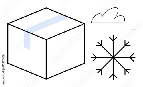 Box with sealing tape beside a snowflake and a cloud symbolizing cold storage, shipping, or winter logistics. Ideal for business, delivery, packaging, logistics, weather, refrigeration simple