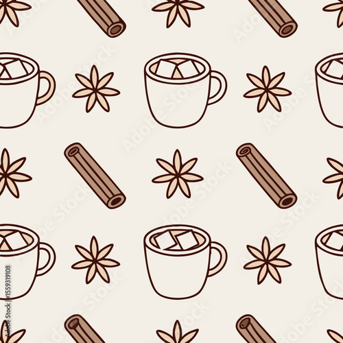 Cozy winter pattern featuring winter mugs. Watercolor-seamless-pattern-with-cozy-winter-mugs offers appealing mugs, star anise, and cinnamon for cozy projects, winter designs, and holiday themes.