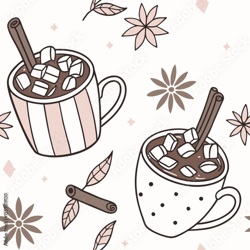 Watercolor seamless pattern presents cozy winter mugs with marshmallows and cinnamon sticks on light background. Cozy winter mugs with delicate design evoke Christmas holiday mood.