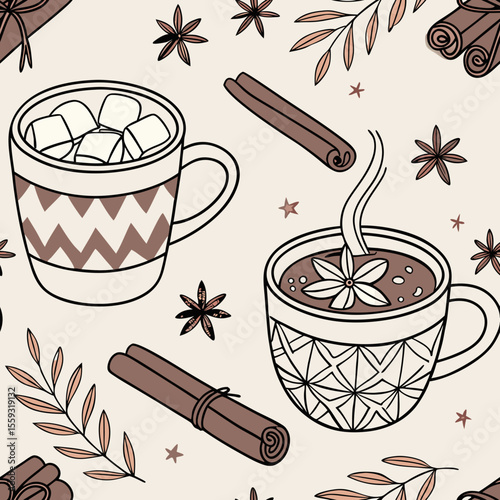 Watercolor seamless pattern with cozy winter mugs in festive design. Cozy winter mugs illustration features marshmallows and steam, creating seasonal warmth.