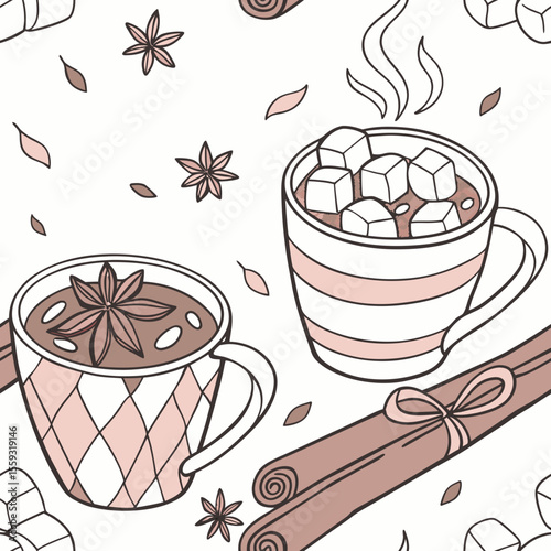 Watercolor seamless pattern with cozy winter mugs and spices, creating repeating illustration. Cozy winter pattern design showcases festive coffee and marshmallows with cinnamon sticks.